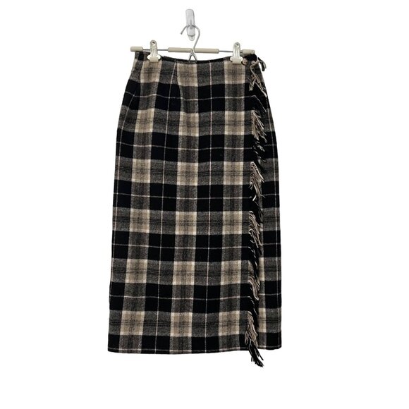Marsh Landing Wool Wrap Plaid Black Beige Fringe Side Midi Skirt Size 8 - Picture 1 of 5